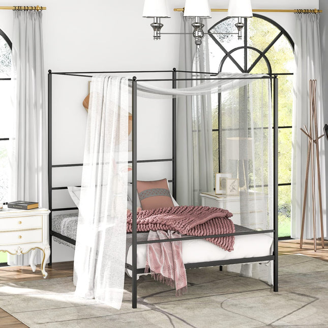 Dreamade Full Size Metal Canopy Bed Frame, Modern Platform Bed Frame with 4 Poster & Headboard