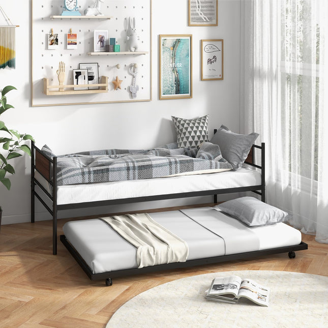 Dreamade Metal Daybed with Trundle, Twin Size Day Bed with Wood Grain Headboard & Metal Slat Support