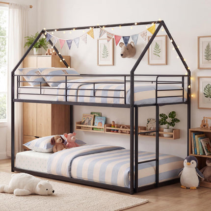 Dreamade House-Shaped Twin Over Twin Metal Bunk Bed