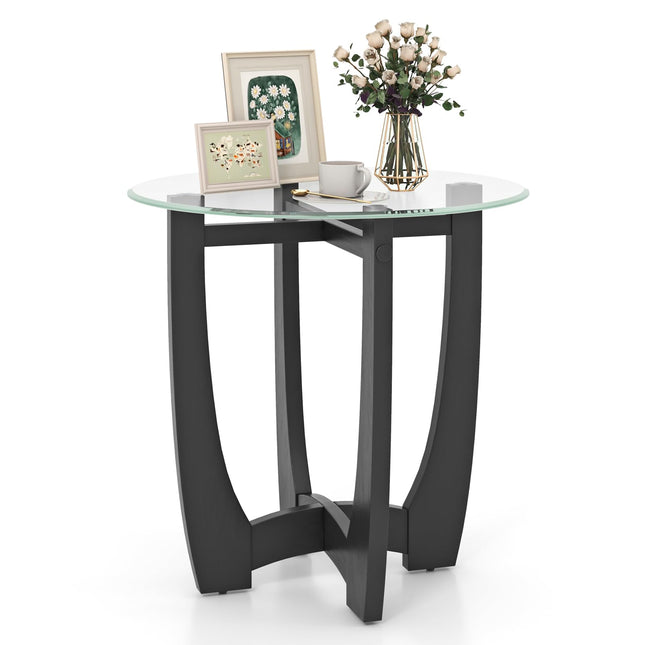 Dreamade Glass End Table, Round Side Table with Rubber Wood Frame & Tempered Glass Top, 23.5" Small Black Coffee Table