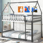 Dreamade Bunk Bed Twin Over Twin, Wood House Low Bunk Bed with Ladder & Fence Safety Guardrail
