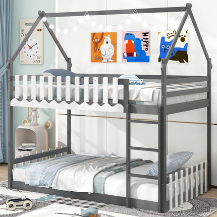 Dreamade Bunk Bed Twin Over Twin, Wood House Low Bunk Bed with Ladder & Fence Safety Guardrail