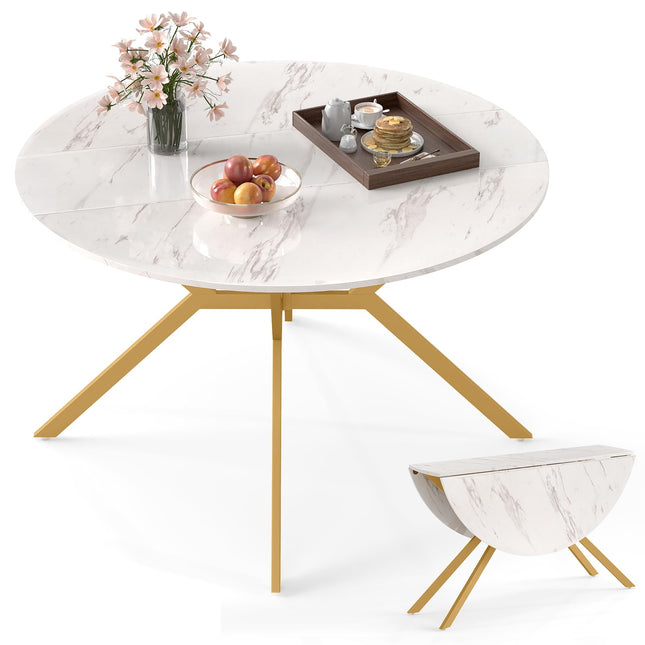 Dreamade Folding Dining Table for 4-6 People 47" Round Drop Leaf Table with Metal Frame