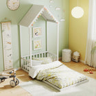 Dreamade Twin Size House Bed Montessori Floor Bed with House Shape Roof & Semi-Fence