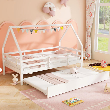 Dreamade Twin House Bed with Trundle, Wood Kids Bed Frame with Roof & Fence Rails