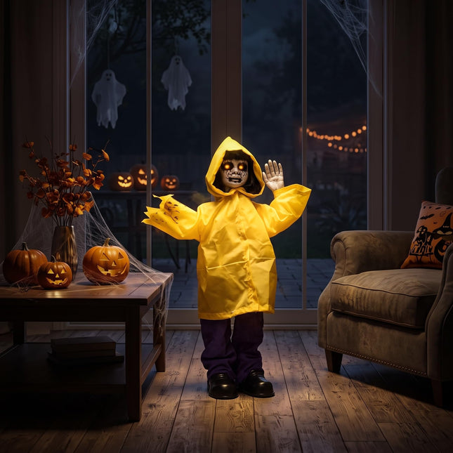 DREAMADE 30 Inch Halloween Little Yellow Raincoat Animatronic Prop Decor