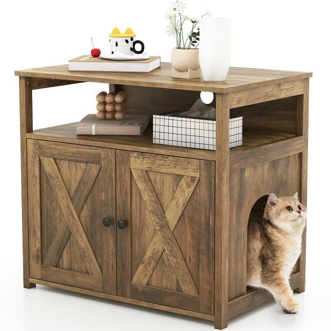 Dreamade Cat Litter Box Enclosure - Litter Box Hidden Furniture with Barn Door, Inner Divider, Side Entry, Storage Shelf