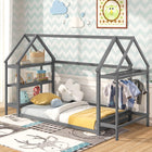 Dreamade Twin Floor Bed, Wood Montessori Floor Bed with Detachable 3 Tier Storage Bookshelf & Clothes Rack