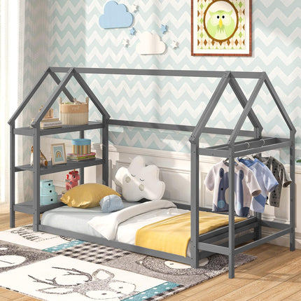 Dreamade Twin Floor Bed, Wood Montessori Floor Bed with Detachable 3 Tier Storage Bookshelf & Clothes Rack