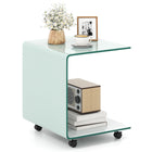 Dreamade C-Shaped End Table with Wheels - Mobile Tempered Glass Sofa Couch Side Table w/2-Tier Storage Shelf