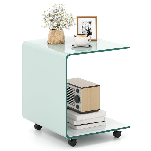 Dreamade C-Shaped End Table with Wheels - Mobile Tempered Glass Sofa Couch Side Table w/2-Tier Storage Shelf
