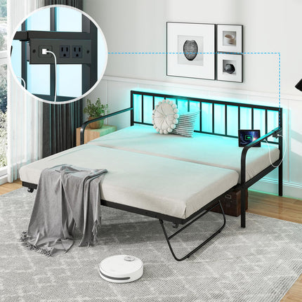 Dreamade Twin Daybed with Trundle, Metal Day Bed with Charging Station & LED Lights