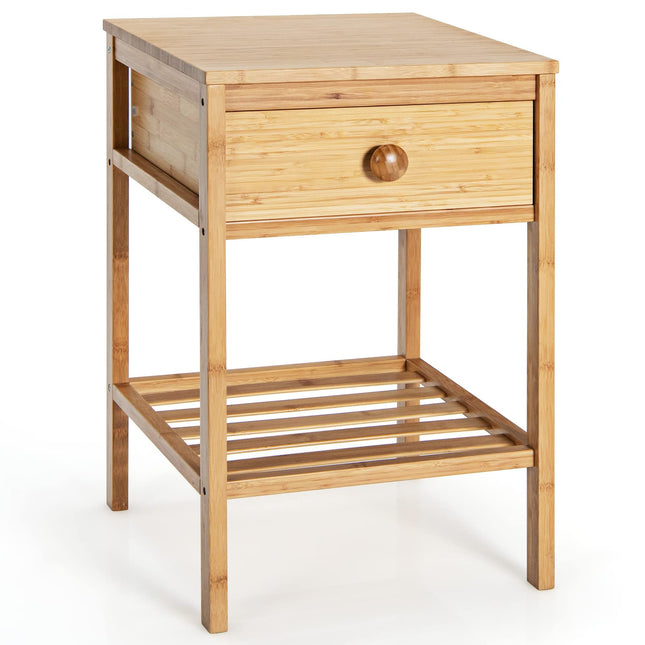 Dreamade Nightstand Bamboo Bedside Table with Drawer, Open Shelf, Multifunctional Side Table