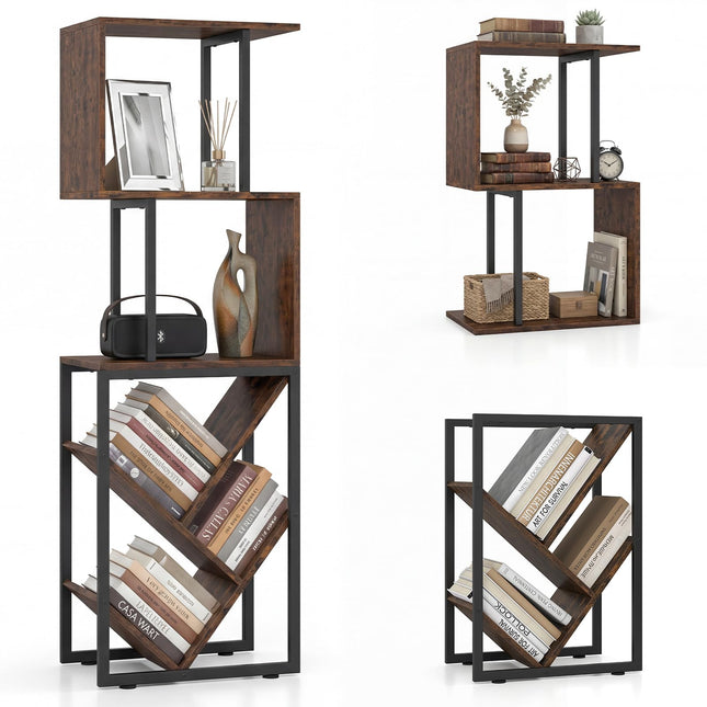 Dreamade 6-Tier Bookshelf | Industrial S-Shaped Geometric Bookcase with Open Display Shelves