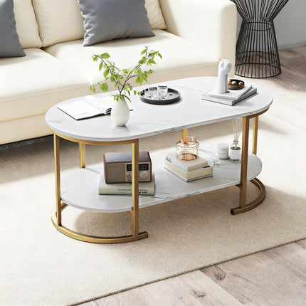 Dreamade 2-Tier Coffee Table Oval Center Table with Wood Grain Top & Open Storage Shelf