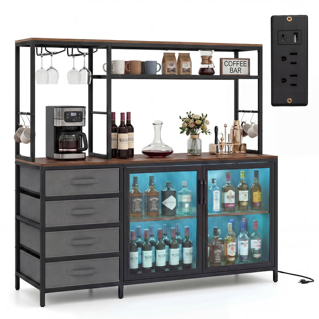 Dreamade Tall Wine Bar Cabinet with LED Lights for Kitchen