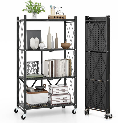 Dreamade 4-Tier Foldable Storage Shelf, Collapsible Shelving Unit Display with Lockable Wheels