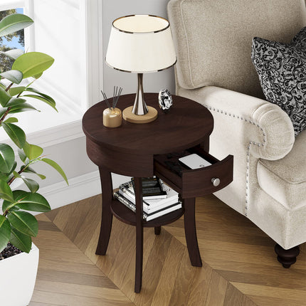 Dreamade Round End Table with Drawer, 2-Tier Wood Side Table w/Open Shelf