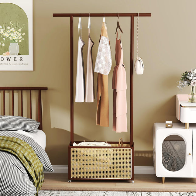 Dreamade Bamboo Clothes Rack 2-In-1 Clothing Hanging Rail for Hallway Living Room Bedroom