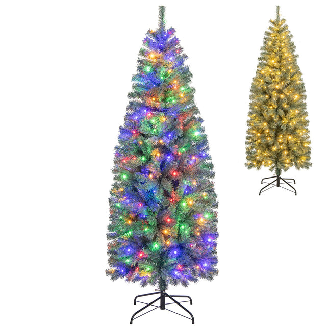 Dreamade 6.5ft Pre-Lit Blue Slim Pencil Christmas Tree with 200 Warm White & Multicolored LED Lights, 9 Modes, 556 Branch Tips
