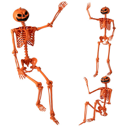 Dreamade 5.2 Ft Life-Size Posable Skeleton with Pumpkin Head Halloween Orange Skeleton Decoration