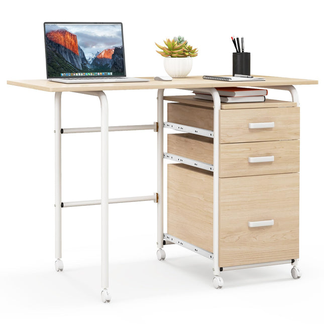 Dreamade Folding Desk for Small Space, Rolling Home Office Desk with 3 Drawers & Lockable Universal Wheels