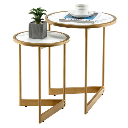 Dreamade Round Nesting Table Set of 2, Modern Marble Texture Coffee Tables