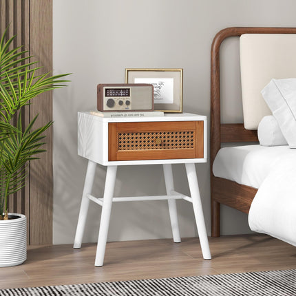 Dreamade Rattan Nightstand, Mid Century Modern End Table with Handwoven Rattan Decorated Drawer