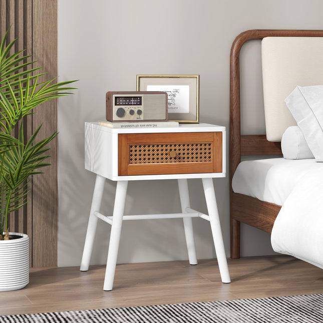 Dreamade Rattan Nightstand, Mid Century Modern End Table with Handwoven Rattan Decorated Drawer