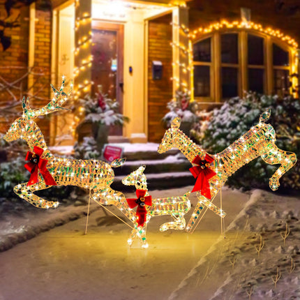 Dreamade Christmas Lighted Reindeer, Set of 3 Reindeer Decorations with LED Lights and Red Bows