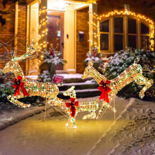 Dreamade Christmas Lighted Reindeer, Set of 3 Reindeer Decorations with LED Lights and Red Bows