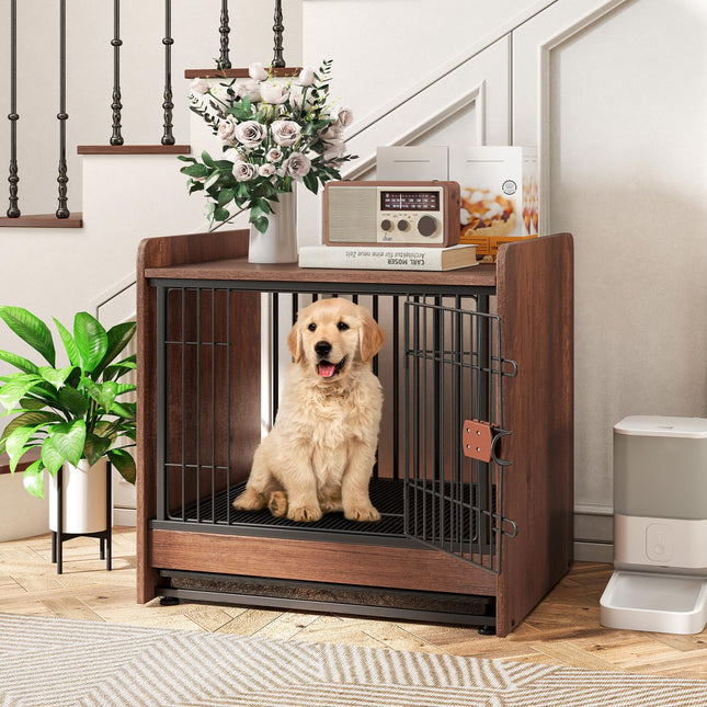 Dreamade Dog Crate End Table - Wooden Dog Kennel Furniture with Removable Pull-Out Tray