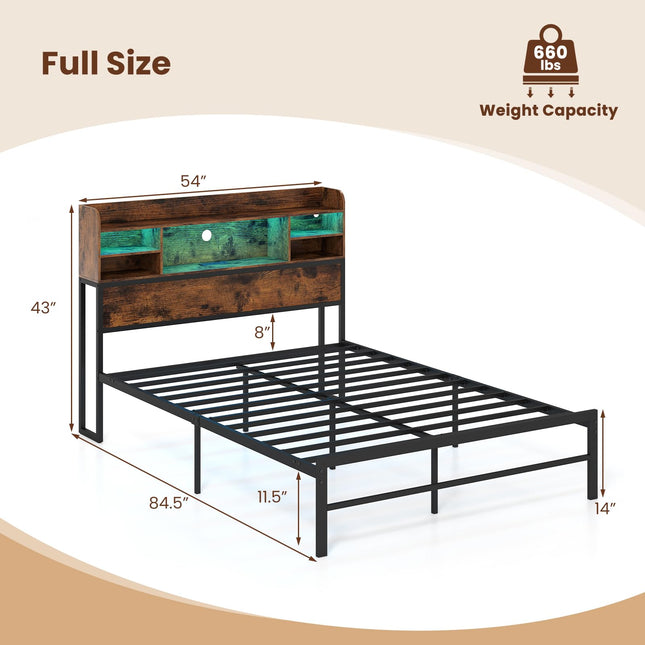 Dreamade Full Size Industrial Metal Bed Frame with LED Lights & Charging Station