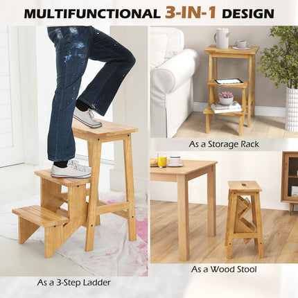 DreamadeFolding 3 Tier Step Ladder, Multipurpose 3-in-1 Wood Step Stool with Anti-Slip (Natural)