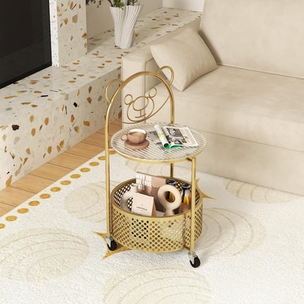 Dreamade Mobile Glass Coffee Table, 2-Tier Round End Table with Bear Pattern, Storage Basket, Metal Frame
