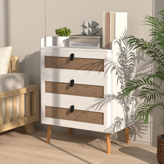 Dreamade Rattan Nightstand, Boho 2/3-Drawer Dresser with 4 Solid Wood Legs