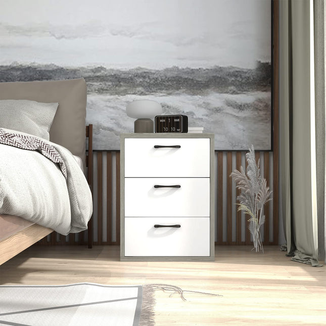 Dreamade Storage Drawer Dresser - Wood End Table, Night Stand with 3 Drawers (1, White & Gray)