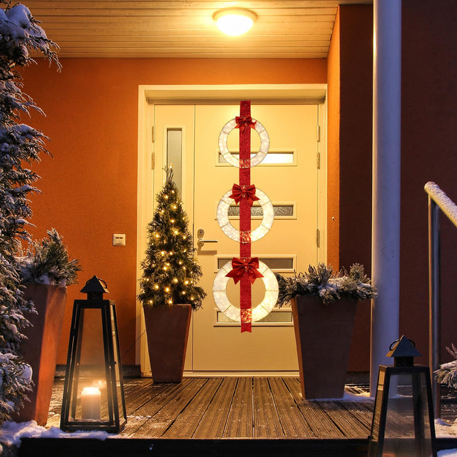 Dreamade Set of 3 Pre-Lit Wreaths, 5.8 FT Xmas Light-up Decorations on Red Ribbon with 450 LED Lights