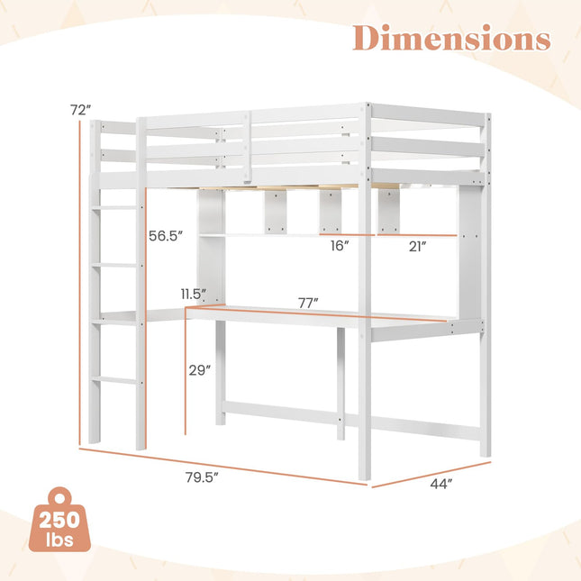 Dreamade Solid Wood Twin Loft Bed with Desk and Bookcase