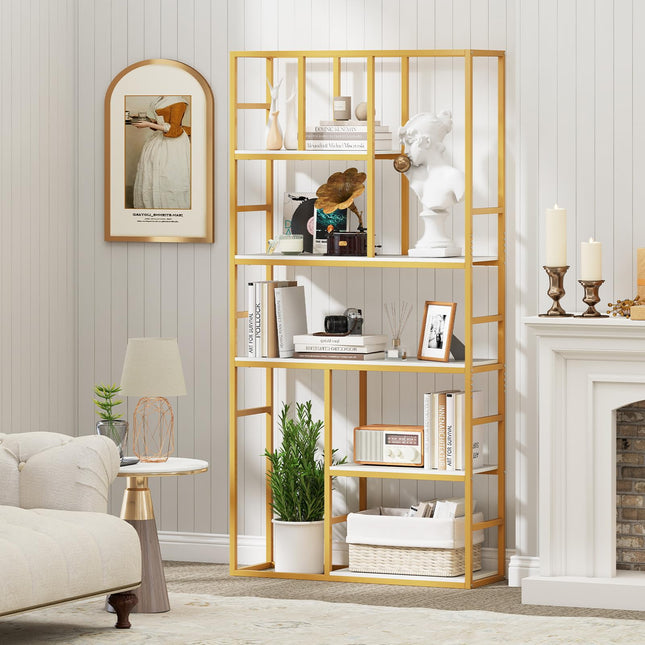 Dreamade 5-Tier Bookshelf 71" Freestanding Golden Bookcase with Open Storage Shelves