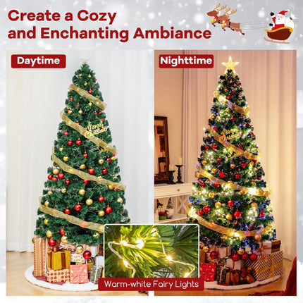 Dreamade 7ft Pre-Lit Fiber Optic Christmas Tree, Artificial Lighted Xmas Tree with 48 Warm-White Shape-Adjustable Star String Lights