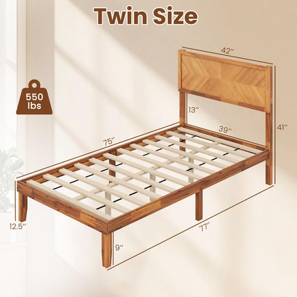 Dreamade Wood Twin Bed/Full Size Bed/Queen Bed Frames with Headboard, Solid Acacia Wood Platform Bed with 12 Strong Wooden Slat Support