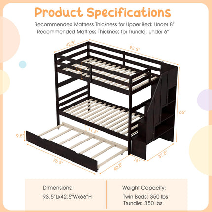 Dreamade Twin Over Twin Bunk Bed with Trundle and Storage Stairs, Solid Wood Bunk Bed Convertible 3 Bed Frames for Bedroom