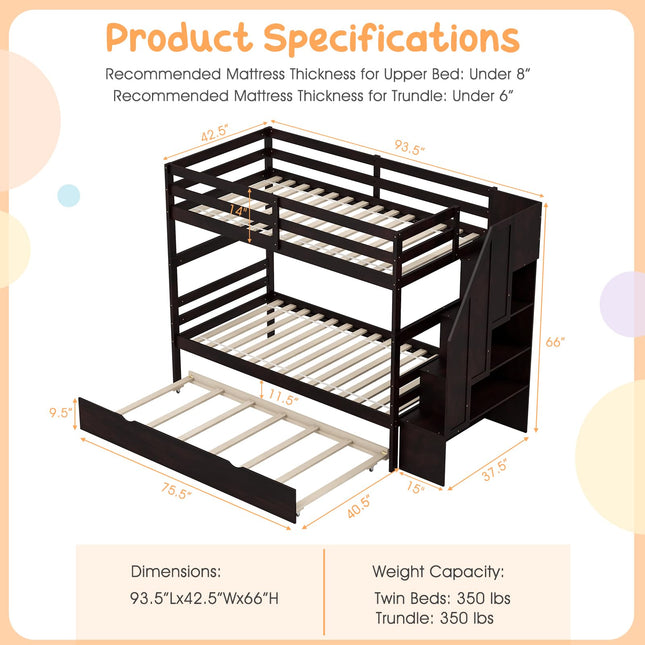 Dreamade Twin Over Twin Bunk Bed with Trundle and Storage Stairs, Solid Wood Bunk Bed Convertible 3 Bed Frames for Bedroom