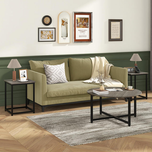 Dreamade Round Nesting Table Set of 3, Farmhouse Coffee Table w/2 End Tables, Sturdy Metal Frame (Black Oak)