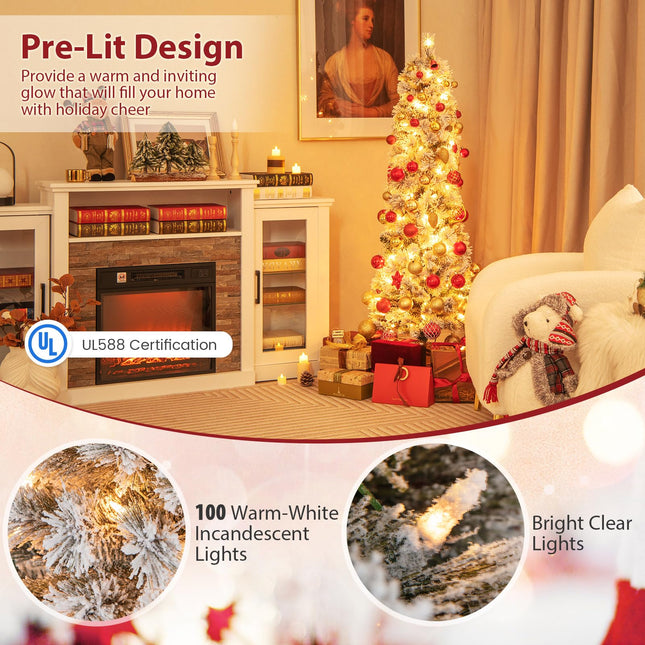 Dreamade Pre-Lit Snow Flocked Pencil Christmas Tree for Home Office Holiday Decor