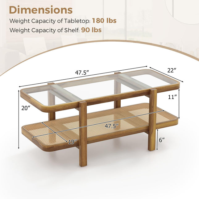Dreamade Rattan Coffee Table, 47.5" Rectangle Solid Wood Tea Table w/Tempered Glass Tabletop