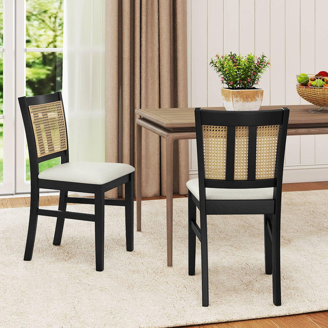 Dreamade Rattan Dining Chairs Set of 2/4 Farmhouse Fabric Upholstered Kitchen Chairs with Rubber Wood Legs