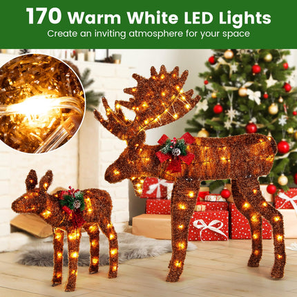 Dreamade 2 Pieces Lighted Christmas Moose Family, Light-up Xmas Deer Decorations with 170 LED Lights