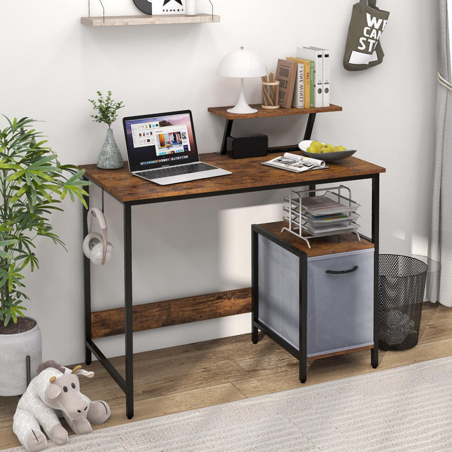 Dreamade Computer Desk with Drawer and Power Outlet, Home Office Desk with Reversible Storage Drawer